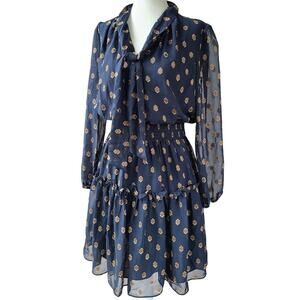 Shoshanna Dane Dress Puff Sleeve Semi-Sheer Black/Navy Gold Pattern Size 2 EUC